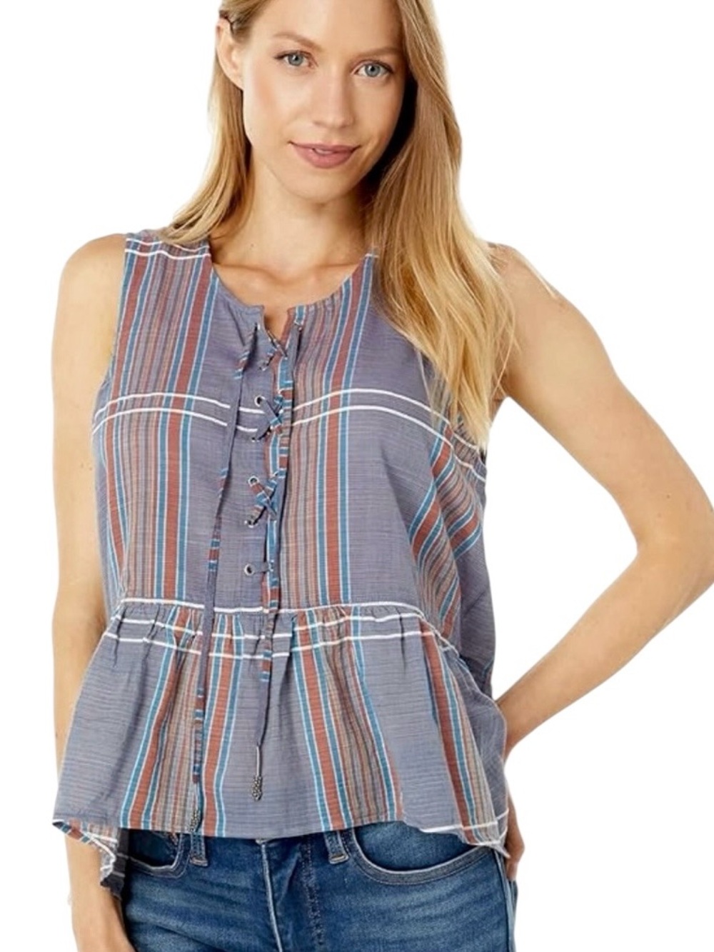 LUCKY BRAND Gray Lace-Up Tie Neck Plaid Top Sleeveless Tiered Peplum Sz XXL